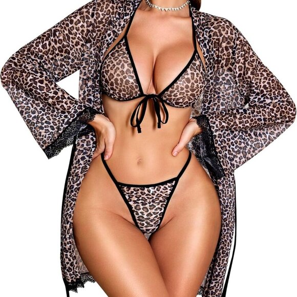 Women Sexy Lingerie Set - 3 Piece Bra and Panty Sets with Lace Kimono Robe Sheer